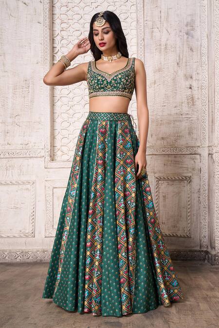 Shop Aariyana Couture Green Silk, Viscose, Tussar Embroidery, Patola Print Panelled Lehenga Set Shop_Aariyana Couture_Green Silk, Viscose, Tussar Embroidery, Patola Print Panelled Lehenga Set