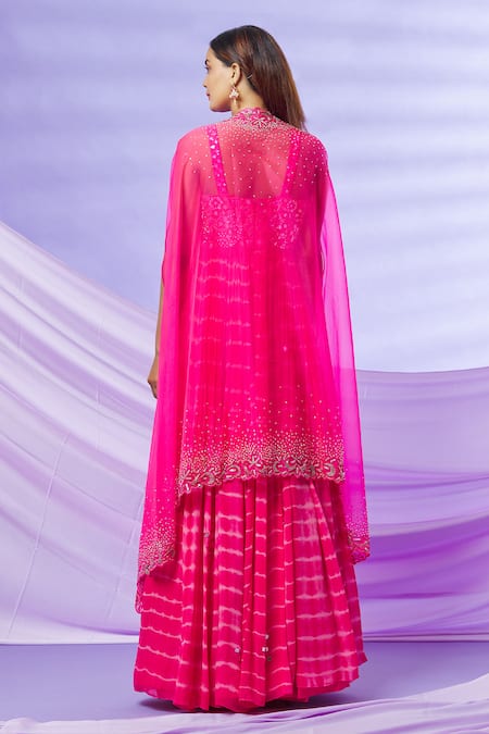 Shop_Yoshita Couture_Pink Anarkali - Georgette With Shantoon Lining, Cape- Organza Inaya Tie Dye _at_Aza_Fashions