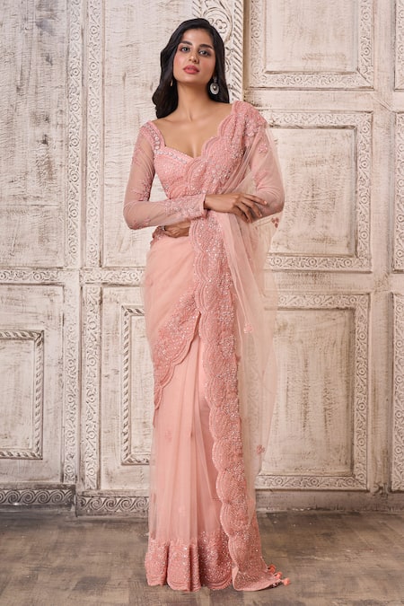 Aariyana Couture Peach Modal, Net, Satin Pearls, Cut Scallop Embroidered Border Saree With Blouse at Aza Fashions Aariyana Couture_Peach Modal, Net, Satin Pearls, Cut Scallop Embroidered Border Saree With Blouse_at_Aza_Fashions