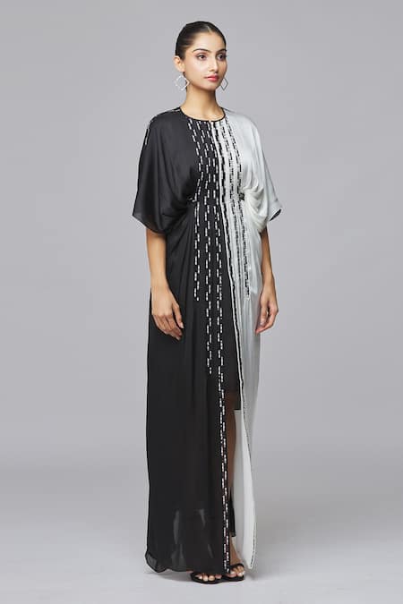 Amit Aggarwal_Black Chiffon Embroidery Round Neck Colorblock Dress_Online_at_Aza_Fashions