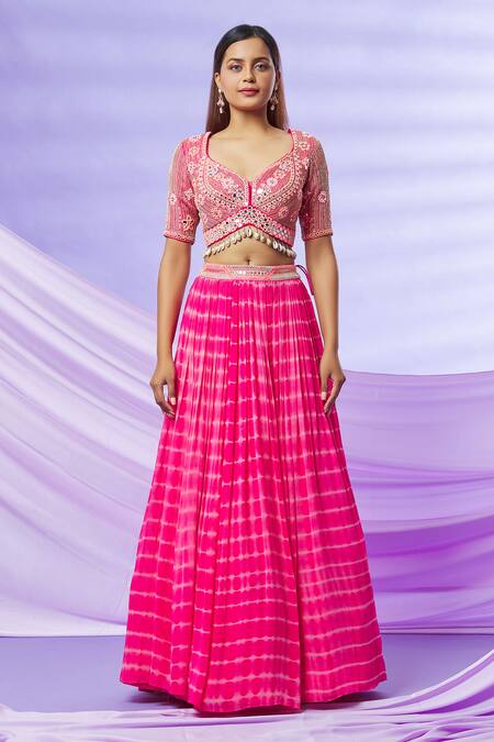 Yoshita Couture Pink Dupatta- Organza, Lehenga And Blouse - Georgette With Shantoon Tie Dye Set Online at Aza Fashions Yoshita Couture_Pink Dupatta- Organza, Lehenga And Blouse - Georgette With Shantoon Tie Dye Set _Online_at_Aza_Fashions