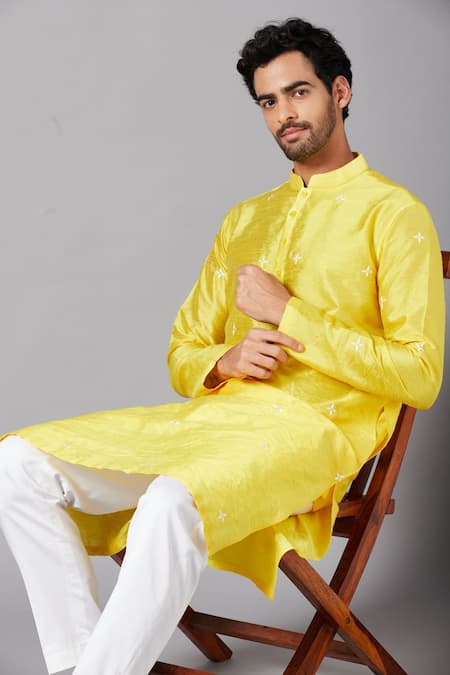 Hilo Design_Yellow Silk, Cotton, Lycra Embroidery Saanjh Kurta And Pant Set _at_Aza_Fashions