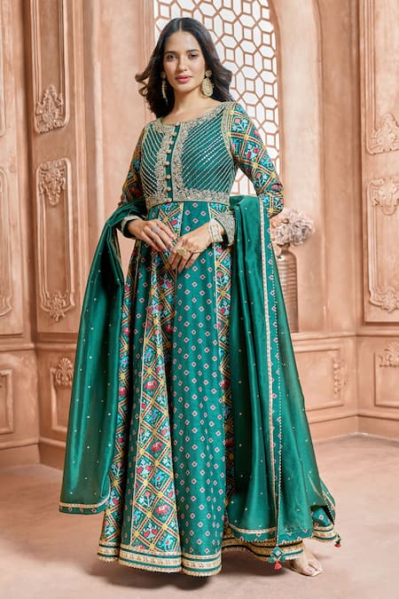 Aariyana Couture Green Anarkali- Tussar Georgette Embroidered Patola Round Print Set 