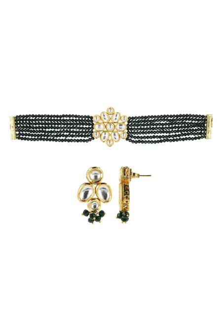 Buy_Ishhaara_Gold Plated Beads, Diamonds Kundan Embellished Floral Motif Choker Set _Online_at_Aza_Fashions