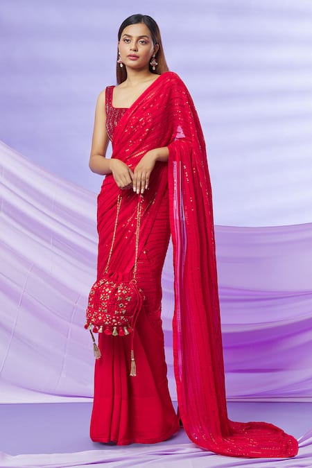 Yoshita Couture_Red Satin, Shantoon, Bag- , Blouse - With Noori Embroidered _Online_at_Aza_Fashions