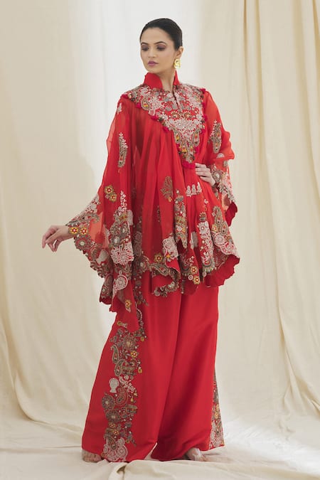 Buy Anamika Khanna Red Tribal Embroidered Tunic And Palazzo Set at Aza Fashions Buy_Anamika Khanna_Red Tribal Embroidered Tunic And Palazzo Set_at_Aza_Fashions