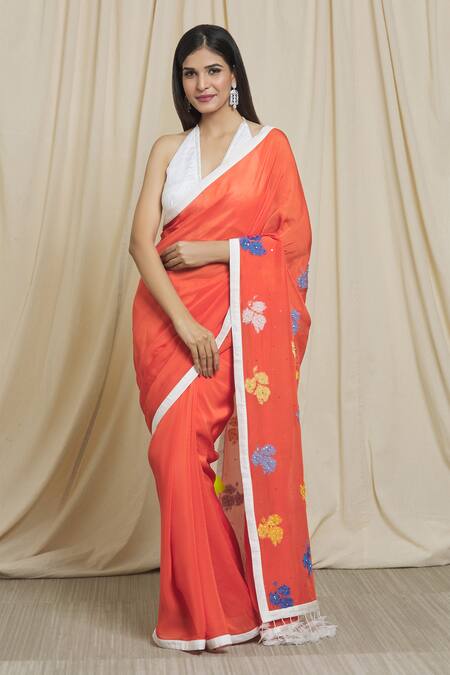 Divya Kanakia_Orange Satin, Organza Sequins V-neck Applique Embroidered Saree With Blouse _Online_at_Aza_Fashions