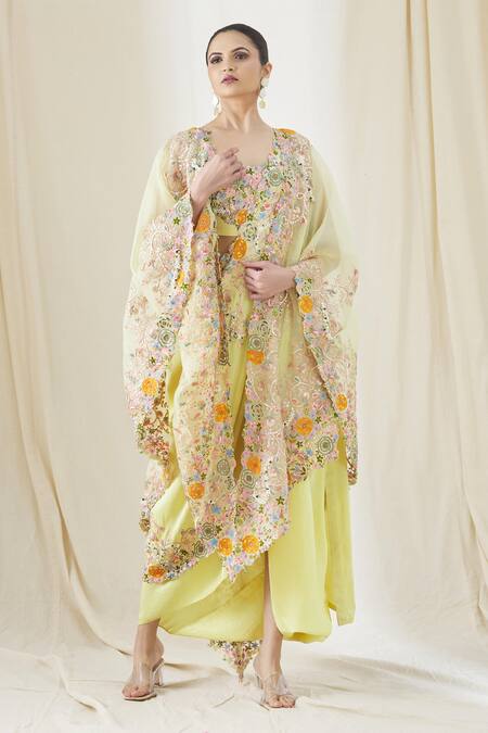 Anamika Khanna Yellow Floral Embroidered Cape And Skirt Set