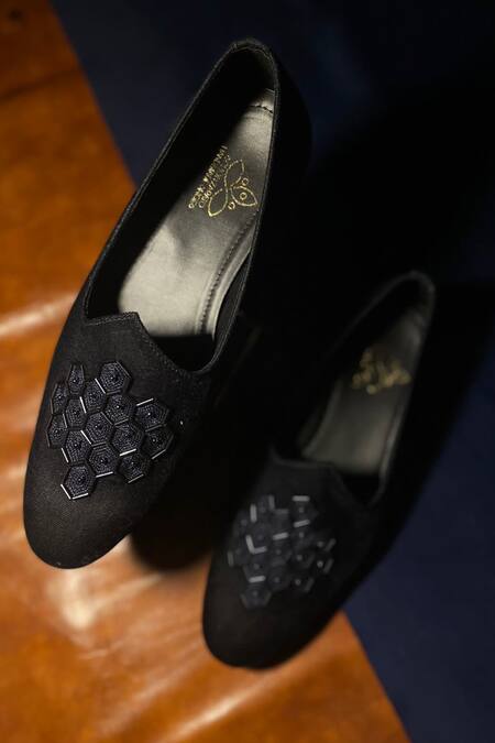 Shop_Schon Zapato_Blue Suede Hexagon Cutdana Work Mojaris  _at_Aza_Fashions
