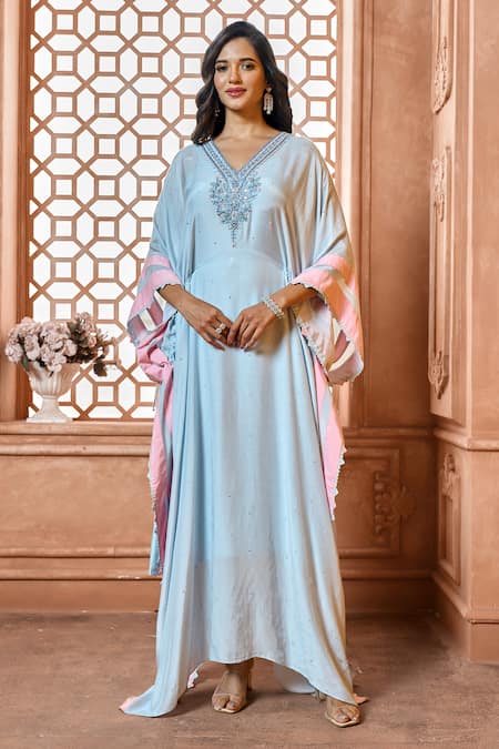Aariyana Couture Blue Cotton, Silk, Modal, Satin Lace V-neck Hand Embroidered Neckline Kaftan at Aza Fashions Aariyana Couture_Blue Cotton, Silk, Modal, Satin Lace V-neck Hand Embroidered Neckline Kaftan_at_Aza_Fashions