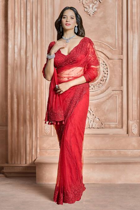 Shop Aariyana Couture Red Satin, Net, Modal Embroidery Scoop Neck Floral Scallop Saree With Blouse Online at Aza Fashions Shop_Aariyana Couture_Red Satin, Net, Modal Embroidery Scoop Neck Floral Scallop Saree With Blouse_Online_at_Aza_Fashions