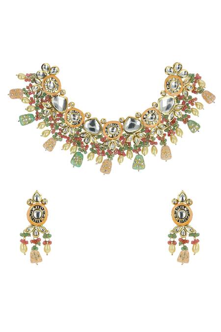 Buy Ishhaara Gold Plated Beads, Diamonds Emerald Drop Choker Set Online at Aza Fashions Buy_Ishhaara_Gold Plated Beads, Diamonds Emerald Drop Choker Set _Online_at_Aza_Fashions