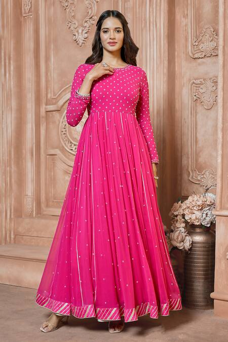 Aariyana Couture_Fuchsia Chiffon, Modal Beads Round Neck Embroidered Anarkali Set_at_Aza_Fashions