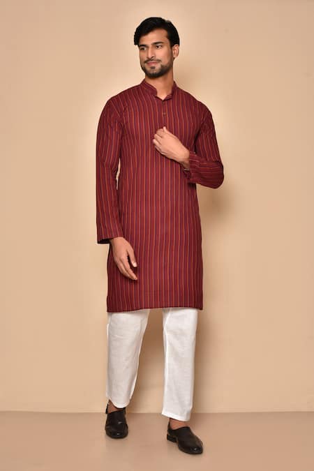 Aryavir Malhotra Maroon South Cotton Woven Stipes Classic Striped Kurta