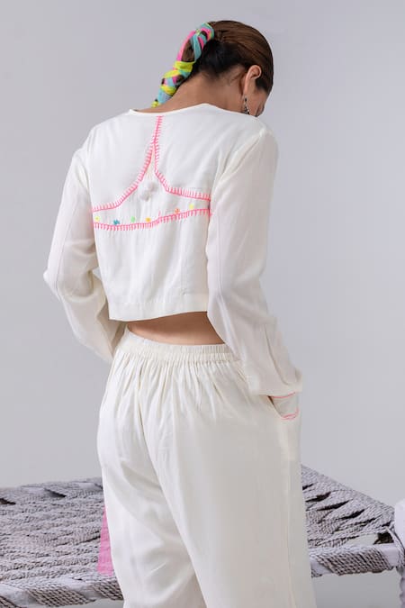 Shop Kacha Tanka Ivory Cotton Embroidery Open Neck Front Knotted Crop Top And Dhoti Pant Set at Aza Fashions Shop_Kacha Tanka_Ivory Cotton Embroidery Open Neck Front Knotted Crop Top And Dhoti Pant Set _at_Aza_Fashions