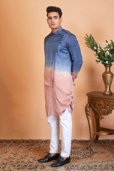 Hilo Design Blue Falling Raw Silk Waikawa Ombre Kurta Set 