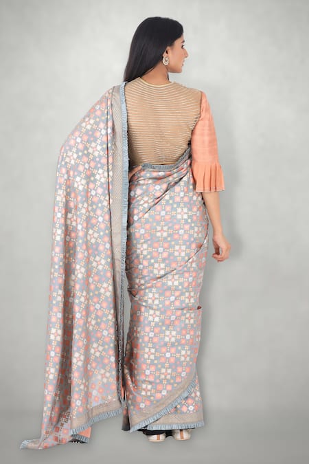 Shop I Am Design Grey Silk Round Printed Saree Set at Aza Fashions Shop_I Am Design_Grey Silk Round Printed Saree Set _at_Aza_Fashions