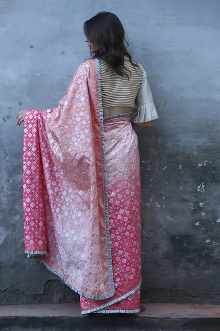 Shop I Am Design Pink Shaded Woven Saree With Frilly Border And Blouse at Aza Fashions Shop_I Am Design_Pink Shaded Woven Saree With Frilly Border And Blouse _at_Aza_Fashions