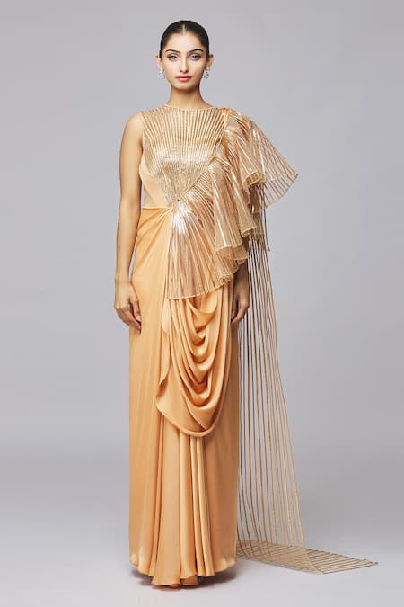 Amit Aggarwal Gold Chiffon Metallic Thread Round Neck Striped Ruffle Gown at Aza Fashions Amit Aggarwal_Gold Chiffon Metallic Thread Round Neck Striped Ruffle Gown _at_Aza_Fashions
