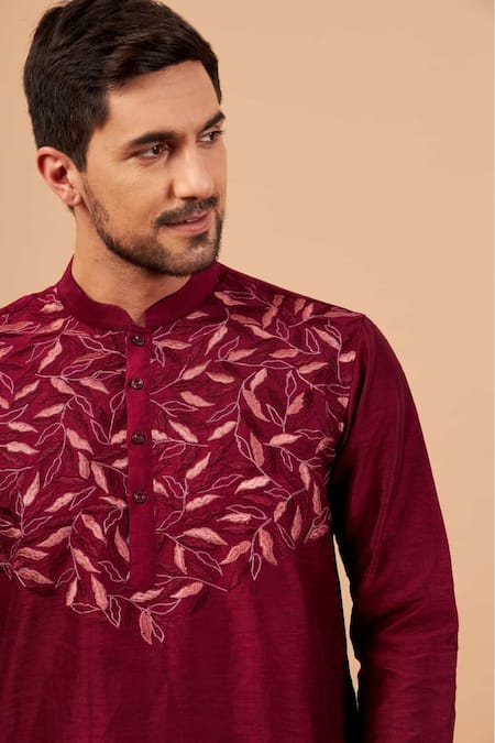 Hilo Design_Purple Silk, Cotton, Lycra Embroidery Leaf Motif Basik Kurta And Pant Set _Online_at_Aza_Fashions