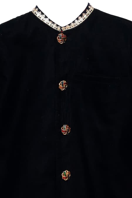 Shop Minime Organics Black Cotton, Velvet, Silk Embroidery Embellished Collar Sherwani Set at Aza Fashions Shop_Minime Organics_Black Cotton, Velvet, Silk Embroidery Embellished Collar Sherwani Set _at_Aza_Fashions