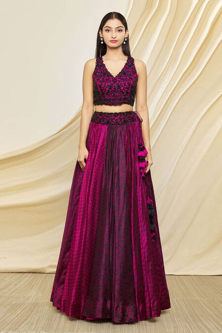 Buy Prisha Magenta Silk Embroidered Floral V Neck Pattern Lehenga Set Online at Aza Fashions Buy_Prisha_Magenta Silk Embroidered Floral V Neck Pattern Lehenga Set _Online_at_Aza_Fashions