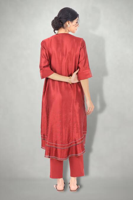 Shop I Am Design Maroon Silk, Satin Linen Round Kurta Set at Aza Fashions Shop_I Am Design_Maroon Silk, Satin Linen Round Kurta Set _at_Aza_Fashions