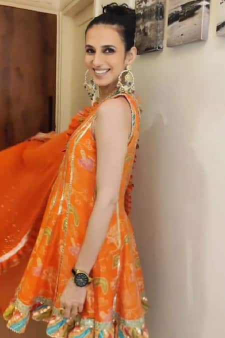 Buy Gopi Vaid Orange Anarkali- Silk, Dhoti Pant- Silk, Dupatta- Print Set Online at Aza Fashions Buy_Gopi Vaid_Orange Anarkali- Silk, Dhoti Pant- Silk, Dupatta- Print Set_Online_at_Aza_Fashions