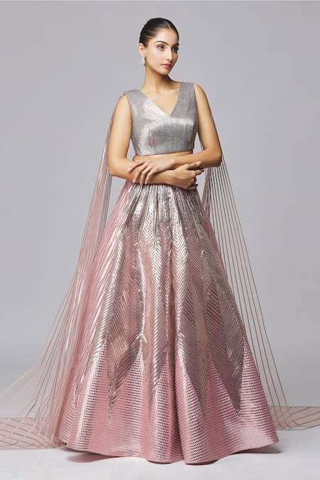 Shop Amit Aggarwal Pink Tulle Metallic Thread V-neck Striped Lehenga Set Online at Aza Fashions Shop_Amit Aggarwal_Pink Tulle Metallic Thread V-neck Striped Lehenga Set_Online_at_Aza_Fashions