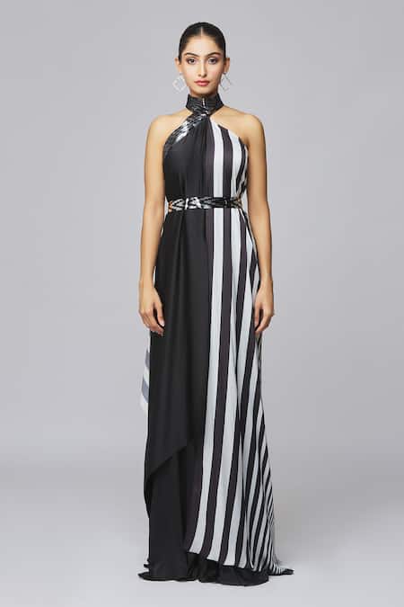 Amit Aggarwal_Black Chiffon Buckles High Neck Draped Sleeveless Dress _Online_at_Aza_Fashions