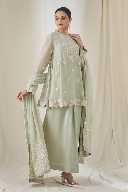 Shop_Anamika Khanna_Green Cotton Embroidery Round Neck Floral Tunic Skirt Set _Online_at_Aza_Fashions