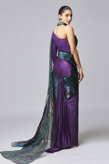 Amit Aggarwal Metallic Stripe High Neck Gown 