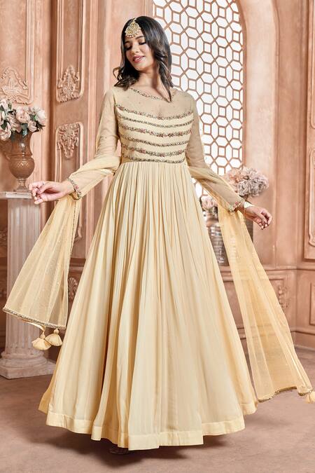 Shop_Aariyana Couture_Gold Viscose, Modal, Net Embroidery Round Neck Pleated Anarkali Set