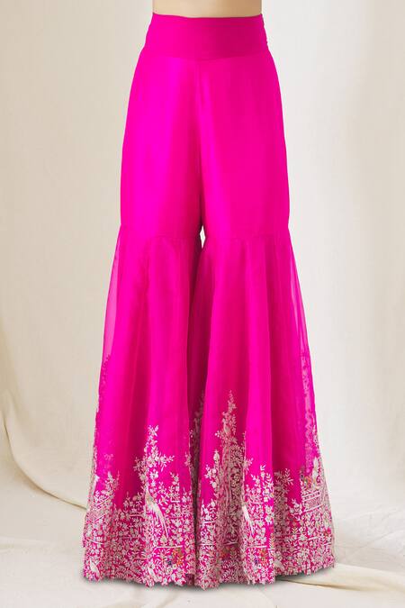 Anamika Khanna_Fuchsia Silk Embroidery Asymmetric One Shoulder Tunic And Sharara Set_at_Aza_Fashions