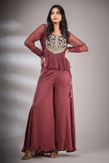 Pallavi Jaipur Embroidered Peplum Top & Flared Pant Set 