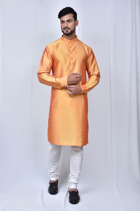 Adara Khan Orange Art Silk Plain Band Collar Kurta Set