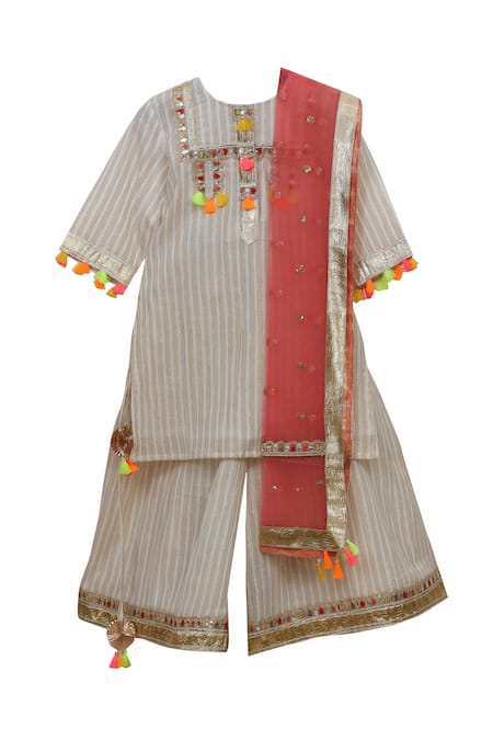 Minime Organics Cream Cotton, Net, Lurex Pom-poms Striped Pattern Kurta Sharara Set