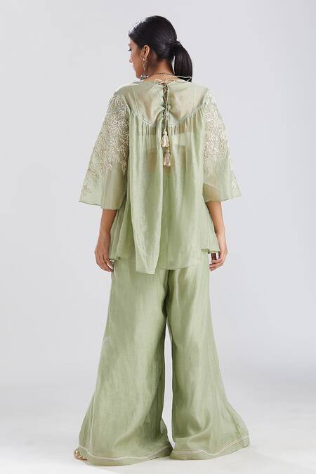 Shop Megha Bansal Green Silk Chanderi Cord And Zari Work Round Neck Fiha Kediya Top & Palazzo Set at Aza Fashions Shop_Megha Bansal_Green Silk Chanderi Cord And Zari Work Round Neck Fiha Kediya Top & Palazzo Set _at_Aza_Fashions