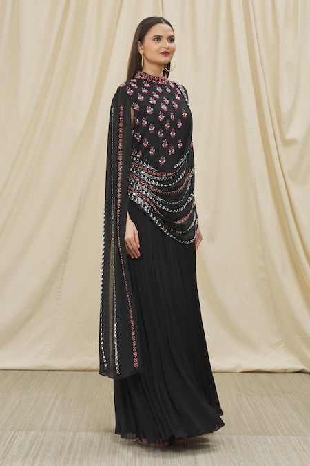 Shop_Two Sisters By Gyans_Black Chiffon Mirror, Bead And Cut Dana Work High Striped Embroidered Draped Gown _Online_at_Aza_Fashions