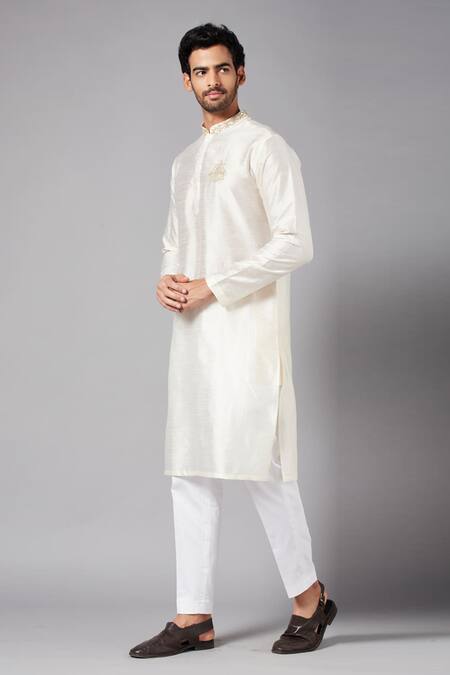 Buy_Hilo Design_Off White Cotton, Lycra Embroidery Basik Kurta And Pant Set _Online_at_Aza_Fashions