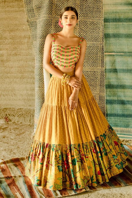 Shachi Sood Yellow Lehenga Dupion Silk Print And Embroidery Kalamkari Tiered And Blouse Set