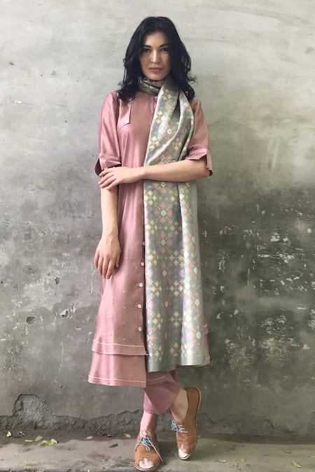 Shop_I Am Design_Blue Satin Linen Ikat Kurta Set _Online_at_Aza_Fashions