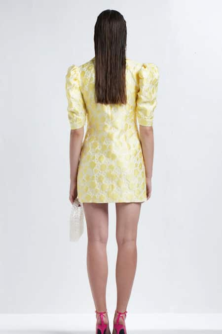 Shop Therealb Yellow Polyester Floral Notched Lapel Collar Woven Dress at Aza Fashions Shop_Therealb_Yellow Polyester Floral Notched Lapel Collar Woven Dress _at_Aza_Fashions