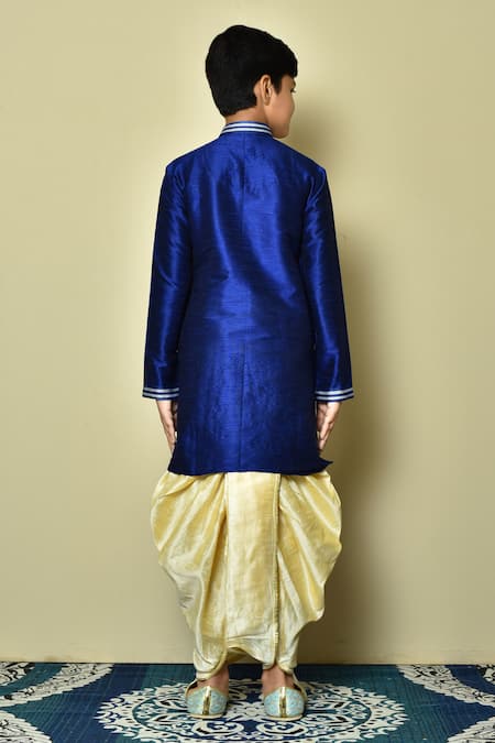 Shop Petite Pomme Blue Silk, Polyester Embroidery Collar Kurta And Dhoti Pant Set at Aza Fashions Shop_Petite Pomme_Blue Silk, Polyester Embroidery Collar Kurta And Dhoti Pant Set _at_Aza_Fashions