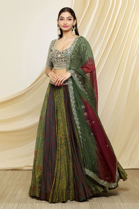 Prisha Green Silk Embroidered Ajrakh Scoop Neck Print Lehenga Set 