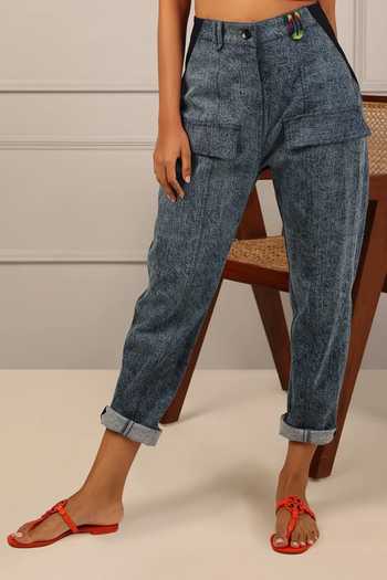 Buy_Style Junkiie_Blue Denim Embroidery Straight Cargo Pant _Online_at_Aza_Fashions