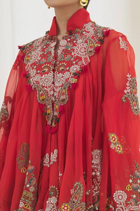 Shop Anamika Khanna Red Tribal Embroidered Tunic And Palazzo Set Online at Aza Fashions Shop_Anamika Khanna_Red Tribal Embroidered Tunic And Palazzo Set_Online_at_Aza_Fashions