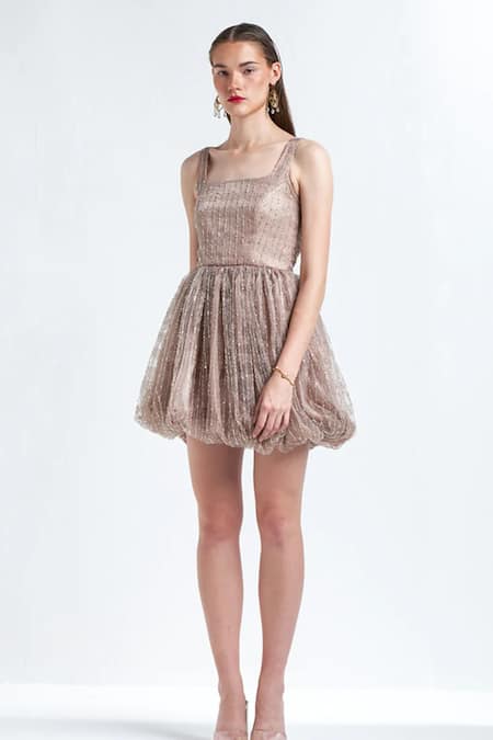 TheRealB Beige Polyester Sequin Pattern Square Neck Daze Balloon Mini Dress