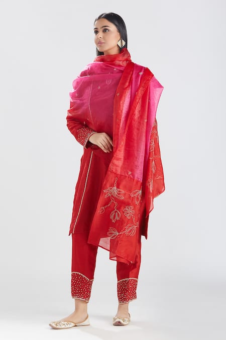 Shop Megha Bansal Red Organza, Chanderi Cut Dana, Surkh Runa Embroidered Kurta Set at Aza Fashions Shop_Megha Bansal_Red Organza, Chanderi Cut Dana, Surkh Runa Embroidered Kurta Set _at_Aza_Fashions