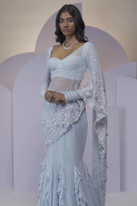 Shop_Shloka Khialani_Blue Net, Crepe, Georgette Pearl, Bead Round Sophia Pleated Anarkali And Pant Set_Online_at_Aza_Fashions